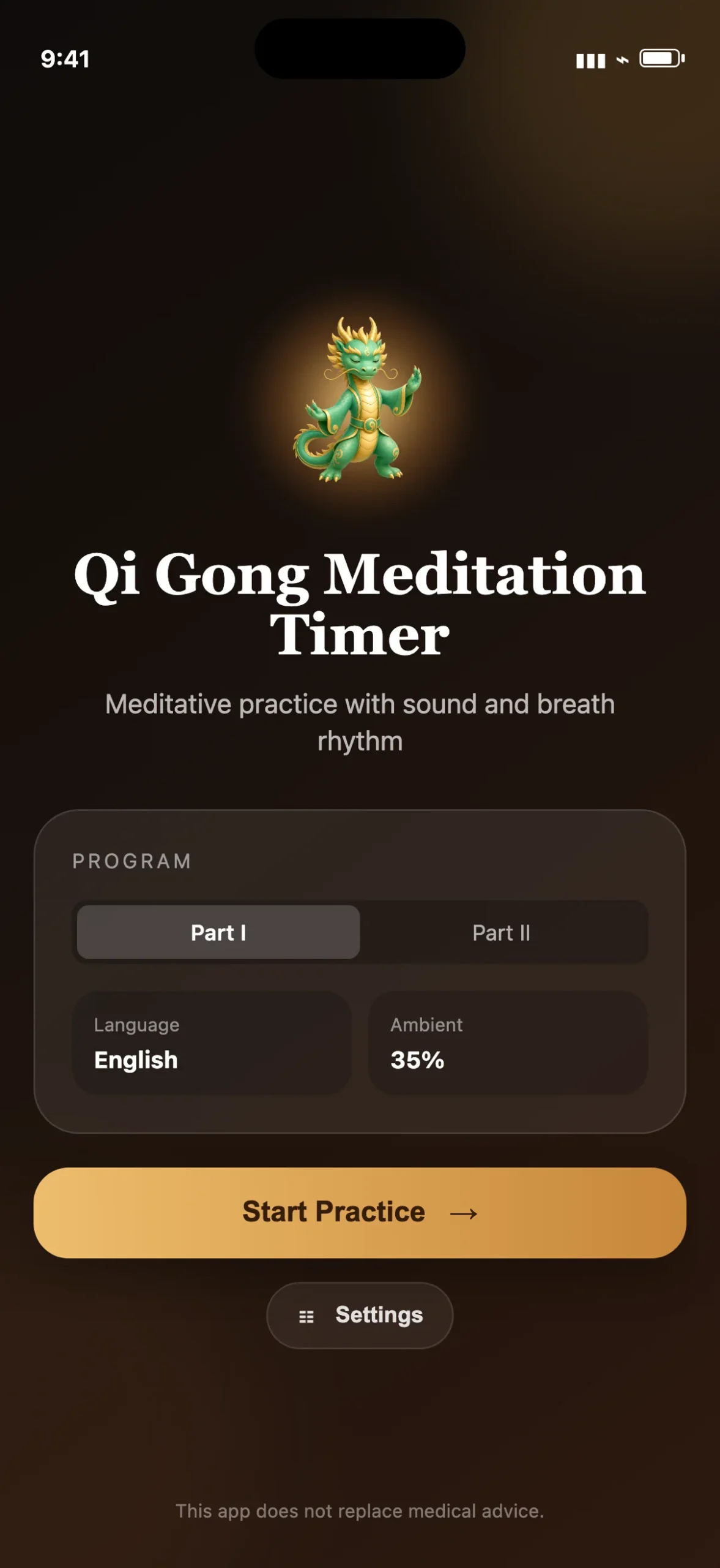Qi Gong Meditation Timer home screen on iPhone