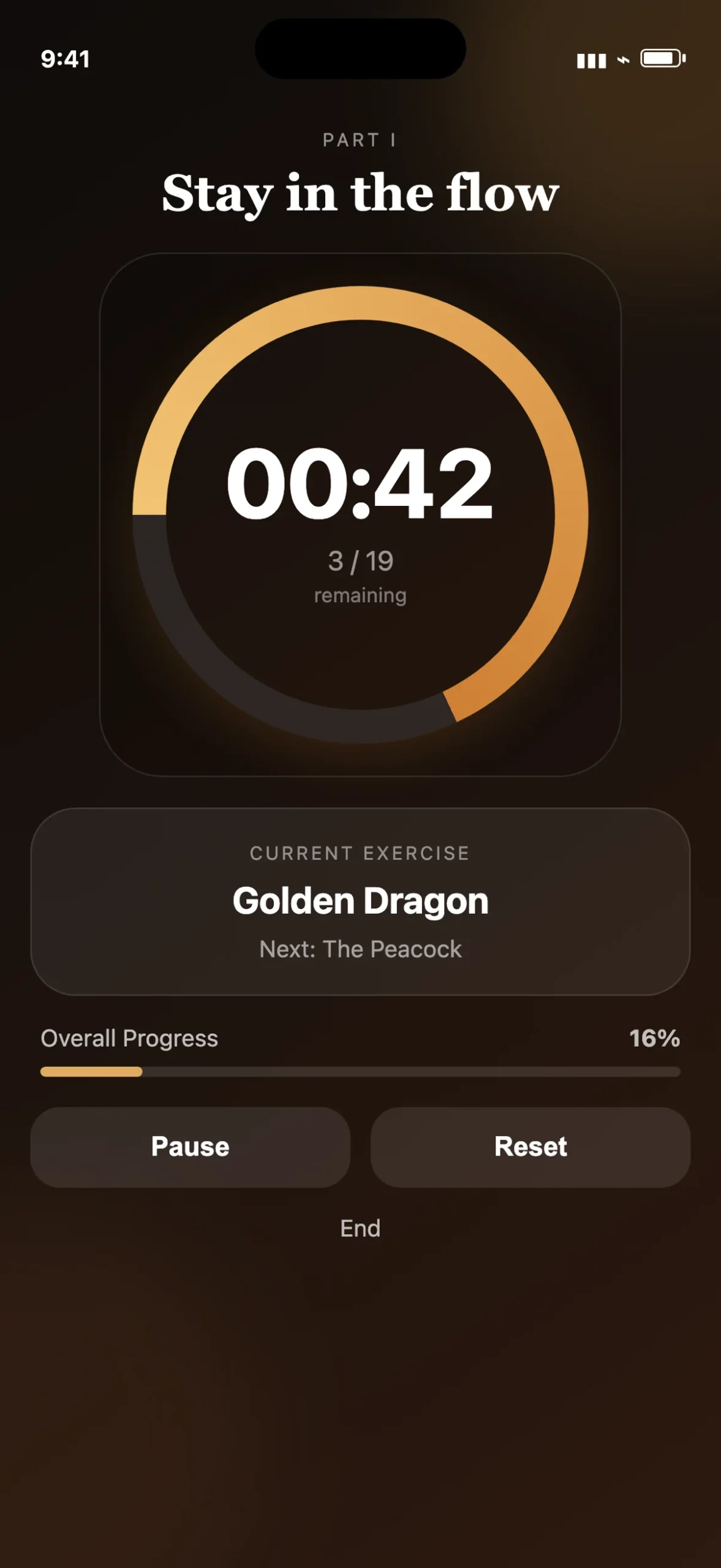 Active timer showing Golden Dragon and the next exercise