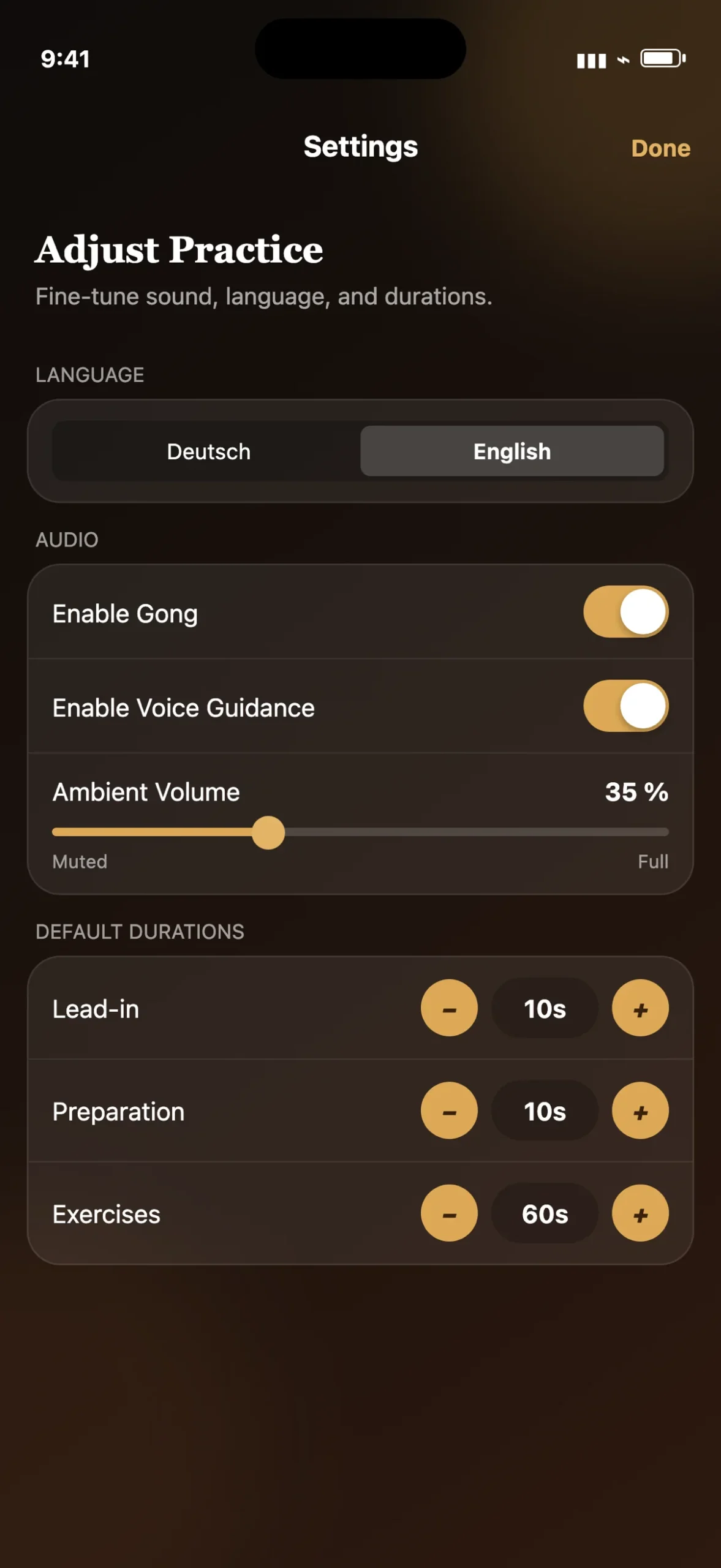Audio settings for gong, voice guidance and ambient volume
