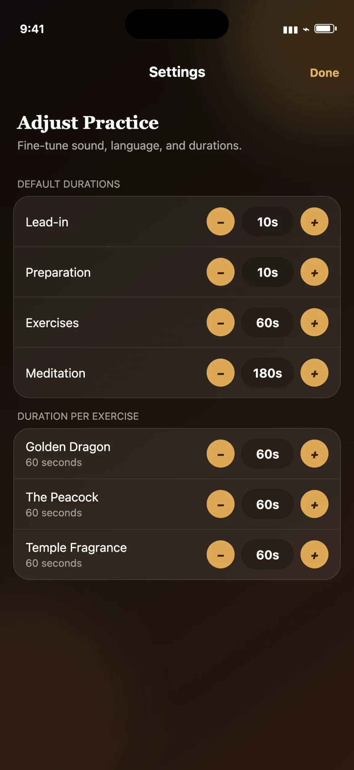Duration settings for lead-in, preparation, exercises and meditation